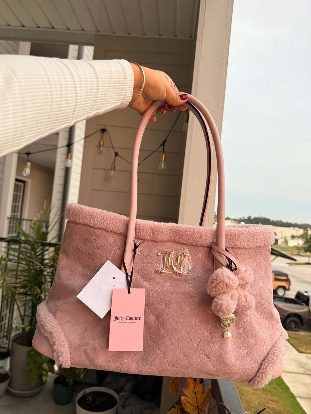 Juicy Couture Pink Faux Fur Trim Tote Handbag with Charm